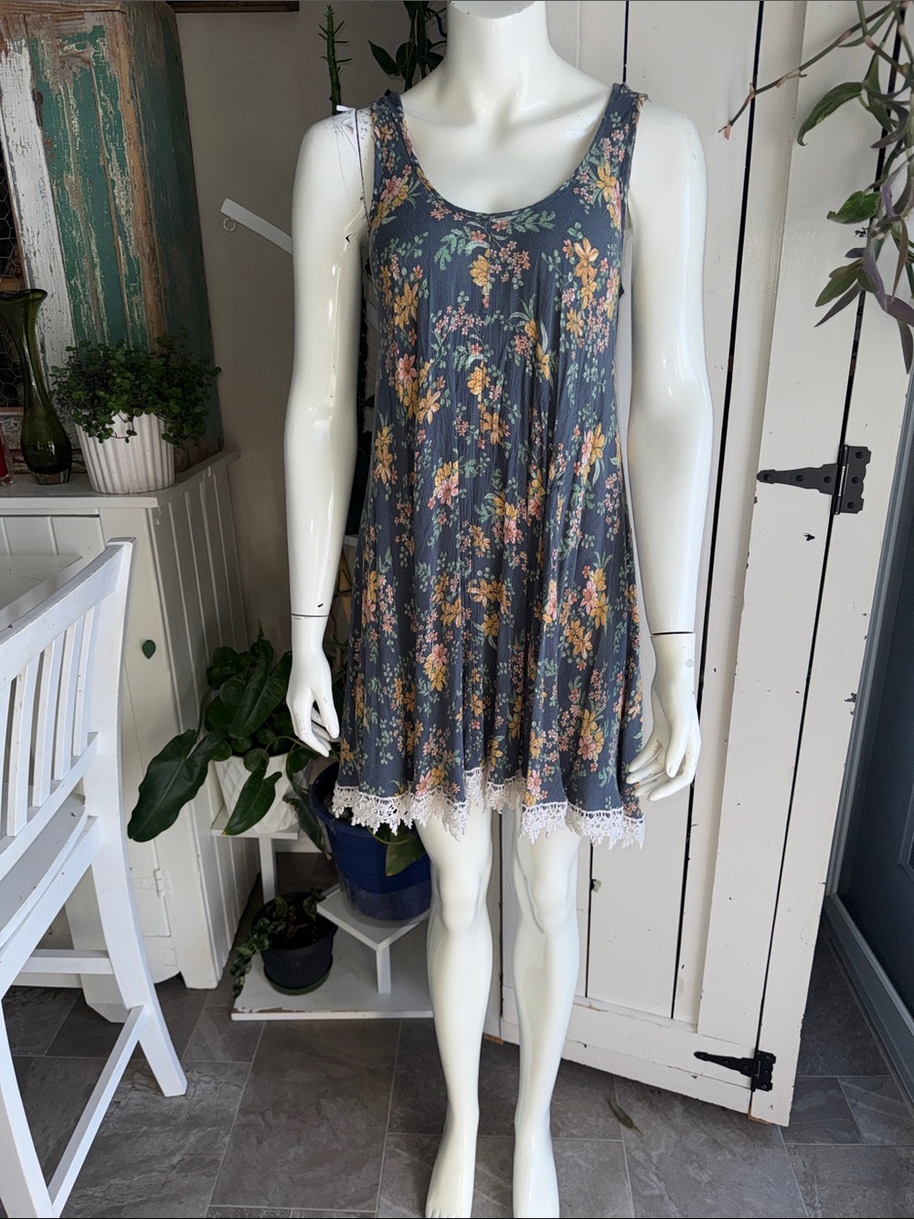Papillon Sundance Blue On The Breeze Floral Print  Sleeveless Maxi Dress lace M